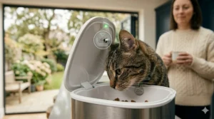 Detailed illustration showing a cat's microchip being scanned by the feeder's sensor, indicated by a glowing green light and signal icon.
