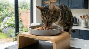 A side-view illustration showing a cat standing naturally while eating from a raised stand to prevent stomach compression and reflux.