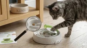 Illustration showing how a cat puzzle feeder prevents bloating by slowing down mealtime.