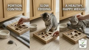 Diagram showing how puzzle feeders help with feline weight loss and portion control.