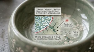 An educational diagram highlighting how bacteria can become trapped in the microscopic cracks of a ceramic bowl glaze, potentially causing feline acne.