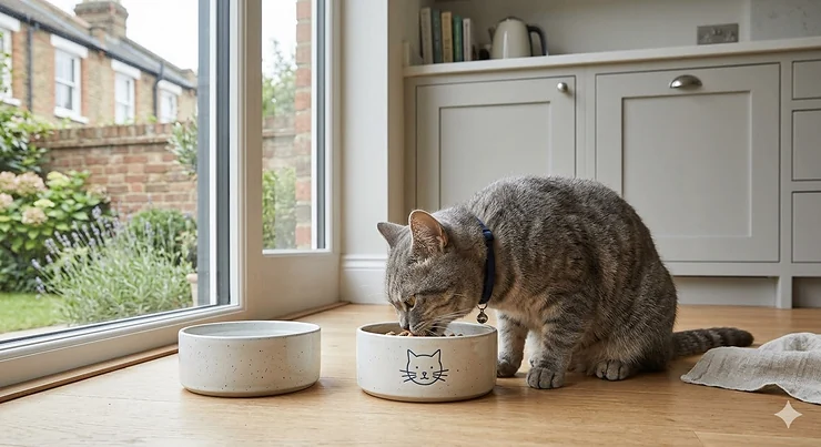 A professional 4K photograph of a cat eating from a modern, speckled ceramic food bowl in a light-filled British kitchen, with traditional brick terraced houses visible through large garden doors. ceramic cat bowls