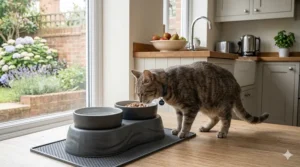 A handcrafted charcoal grey ceramic elevated cat feeder with a flowing, organic base design suitable for modern British interior styling.