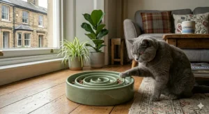 A stylish ceramic slow-feed cat bowl with a spiral pattern to prevent fast eating and aid digestion.