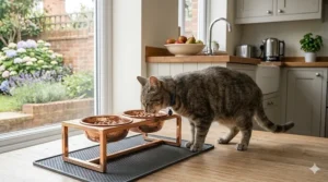 A premium elevated cat feeder featuring hand-hammered copper bowls on a matching polished copper stand on a grey anti-slip mat.