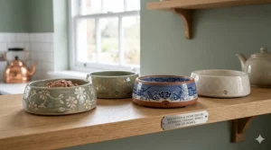 A selection of stylish, hand-painted ceramic cat bowls displayed on a wooden shelf to complement British home interior design.