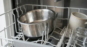 A stainless steel cat bowl being cleaned in a dishwasher, highlighting easy maintenance and hygiene.