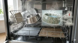 A photorealistic scene of cat bowls being sanitised in a modern British dishwasher, highlighting easy maintenance for pet owners.