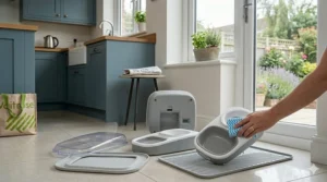 The microchip feeder disassembled on a kitchen draining board, showing the removable bowls and silicone mat being cleaned with a cloth.