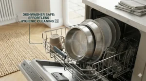 A stainless steel cat bowl being placed into a standard UK dishwasher, highlighting easy cleaning and hygiene.