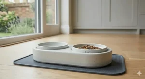 A matching double ceramic cat bowl set for food and water, resting securely on a grey non-slip silicone mat on a light oak floor.