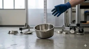 A professional durability demonstration showing a stainless steel cat bowl remaining intact after being dropped on a hard floor.