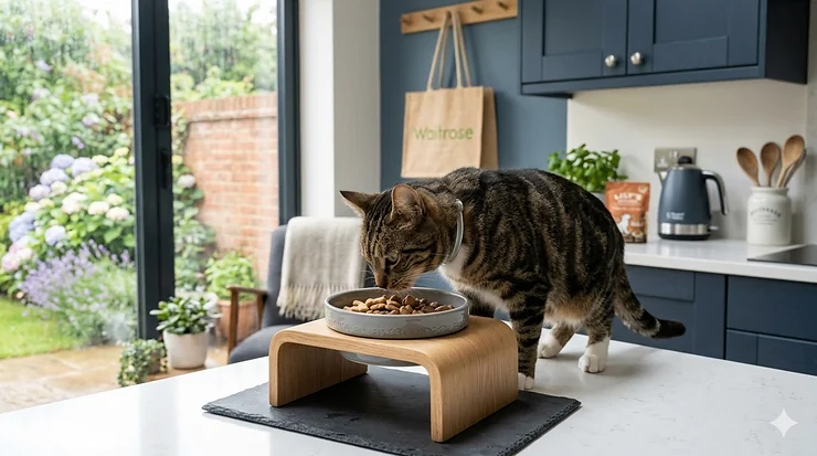 A tabby cat eating comfortably from a raised ceramic bowl in a modern British kitchen to help reduce vomiting and improve posture. elevated cat bowls reduce vomiting