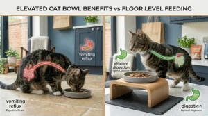 A cat using a raised slow-feeder bowl with ridges to prevent the bolting of biscuits and subsequent vomiting.
