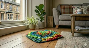 A colourful fabric snuffle mat designed for cats to forage for dry food, promoting natural hunting instincts.