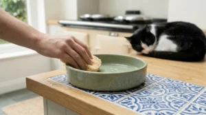 Close-up graphic of a high-quality, lead-free ceramic dish suitable for wet or dry cat food.