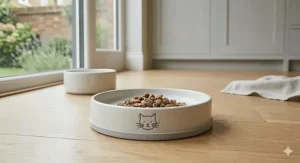 A sturdy, weighted ceramic cat bowl with a wide base to prevent tipping and sliding on tiled or wood floors.