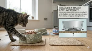 An illustration showing how the weight of a ceramic bowl and an anti-slip mat work together to prevent the dish from sliding during mealtime.