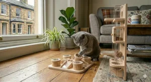 An enrichment board game for cats featuring various hidden compartments and cups for scent-based foraging.