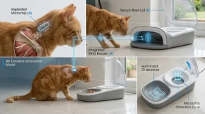A 4K photorealistic schematic showing how the feeder’s sensor detects a cat’s unique implanted microchip to grant access to the food bowl.