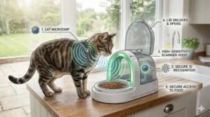 Technical illustration showing a cat's microchip being scanned by a feeder's sensor hoop to automatically unlock the food lid.