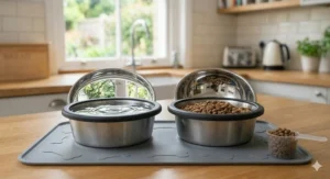 Two hygienic stainless steel cat bowls filled with fresh water and dry food, reflecting a clean kitchen environment.