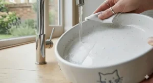 A close-up of a person washing a non-porous ceramic cat bowl under a chrome kitchen tap, showing its easy-to-clean surface.