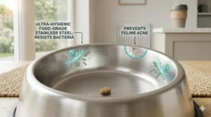 Close-up of a high-quality, non-porous food-grade stainless steel surface that prevents feline acne and bacteria build-up.