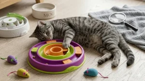 A colourful treat maze illustration designed to stimulate a cat’s natural hunting instincts.