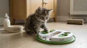 A cute illustration of a kitten learning to paw at a sliding compartment puzzle feeder.