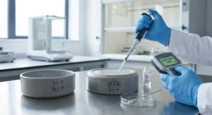 A clean laboratory setting showing a ceramic cat bowl being tested with a digital device to certify it as lead-free and food-safe.