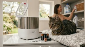 A tabby cat sitting next to the feeder and a set of batteries, highlighting the long-lasting power efficiency of the device.