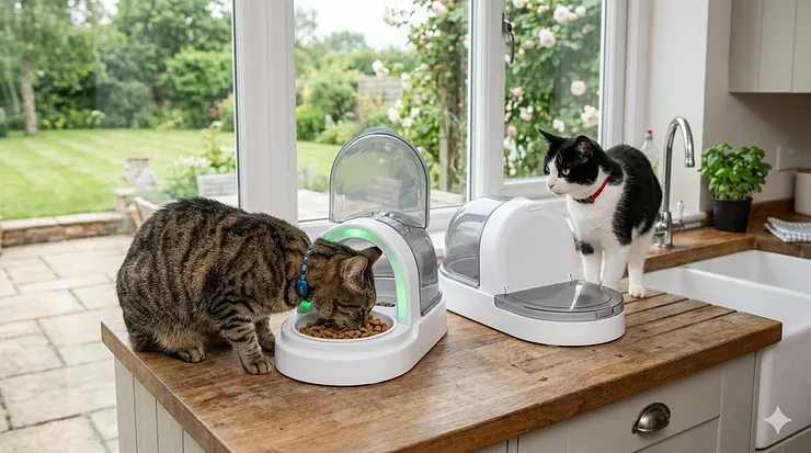 A selective microchip cat feeder on a wooden kitchen worktop in a UK home, allowing a tabby cat to eat while a black and white cat waits nearby. microchip cat feeder for multiple cats