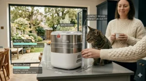 An infographic style image with measurements in centimetres, showing the compact design suitable for British kitchen nooks.