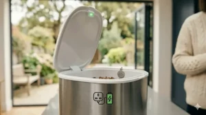 Close-up of the feeder's side featuring icons for a standard UK 3-pin plug and a green battery life indicator.