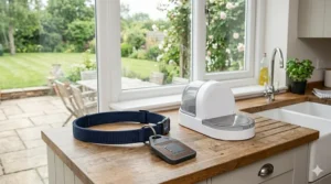 An RFID collar tag and a modern white microchip feeder displayed together in a bright, natural-light British kitchen.