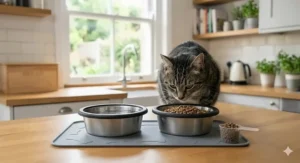 A stylish cat feeding station with stainless steel bowls on a grey mat, set against a modern British kitchen background.