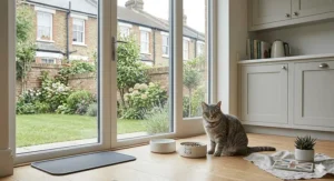 A minimalist ceramic cat bowl that complements modern British decor, featuring a tabby cat sitting happily nearby.
