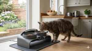 A modern smart elevated cat feeder with an integrated LCD display showing meal information and subtle LED lighting for evening feeding.