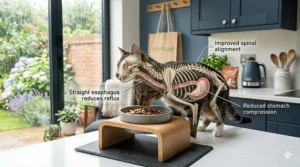 A stylish wooden and ceramic elevated cat feeding station positioned on a slate mat in a modern British home.