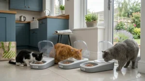 Three cats in a modern UK home eating from individual microchip feeders, each labelled with the pet’s name to prevent food stealing.