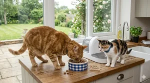 Illustration of a ginger cat stealing biscuits from a standard bowl while a smaller calico cat looks on, highlighting the need for selective feeding.