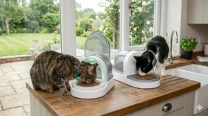 Two cats eating side-by-side from separate microchip feeders on a kitchen island, showing a harmonious multi-pet household.