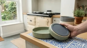 Diagram of a wide ceramic bowl with a silicone non-slip base to prevent sliding on kitchen tiles.