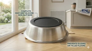 Underside view of a stainless steel cat bowl featuring a durable rubber non-slip ring to prevent sliding on tiled floors.