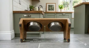 Underside view of the wooden feeding station showing the stable non-slip base and rubber feet for floor protection on tiles.