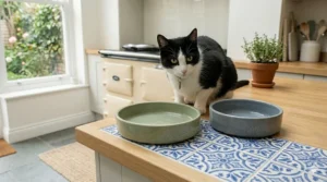 A selection of wide ceramic bowls in popular British interior colours like sage green, slate grey, and cream.