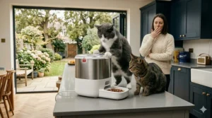 A grey and white cat attempting to access the feeder while the lid remains closed, protecting the food for the registered tabby cat.