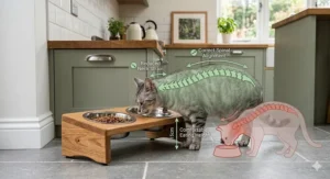 Diagram showing a grey tabby cat using a wooden elevated feeding station to ensure correct spinal alignment and reduced neck strain.