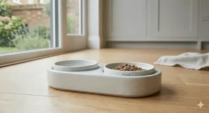 An ergonomic raised ceramic cat food bowl to improve digestion and posture, shown in a clean, modern kitchen corner.